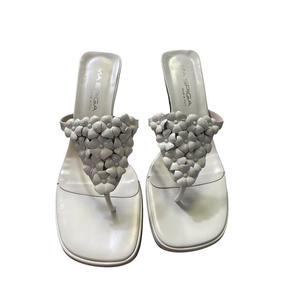 Via Spiga womans tan leather Flower kitten Heeled Sandals Size 7.5M SKU 8584 - Picture 3 of 12